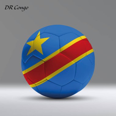 Stüdyo arka planında DR Kongo bayrağı olan 3D gerçekçi futbol topu, futbol afişi şablonu