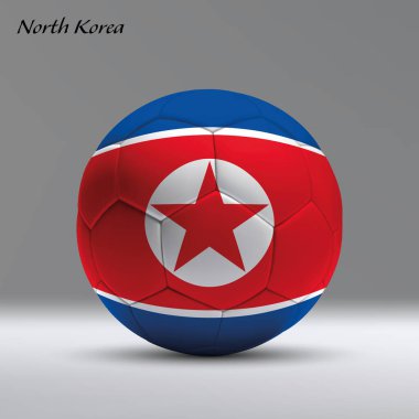 Stüdyo arka planında Kuzey Kore bayrağı bulunan 3D gerçekçi futbol topu, futbol afişi şablonu