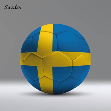 Stüdyo arka planında İsveç bayrağı olan 3D gerçekçi futbol topu, futbol afişi şablonu