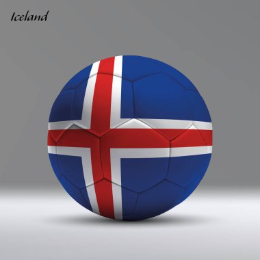 Stüdyo arka planında İzlanda bayrağı olan 3D gerçekçi futbol topu, futbol afişi