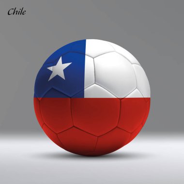 Stüdyo arka planında Şili bayrağı olan 3D gerçekçi futbol topu, futbol afişi şablonu