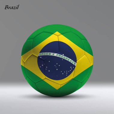 Stüdyo arka planında Brezilya bayrağı olan 3D gerçekçi futbol topu, futbol afişi şablonu