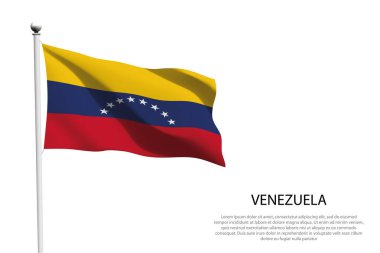 Ulusal Venezuela bayrağı beyaz arka planda dalgalanıyor.