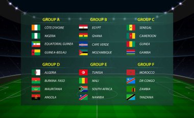 Afrika Kupası 2023 grupları. Futbol turnuvası grafik şablonu. Tüm bayraklar 