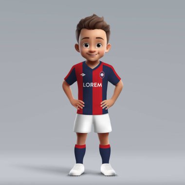 Bologna futbol forması giyen 3 boyutlu sevimli genç futbolcu. Futbol takımı forması