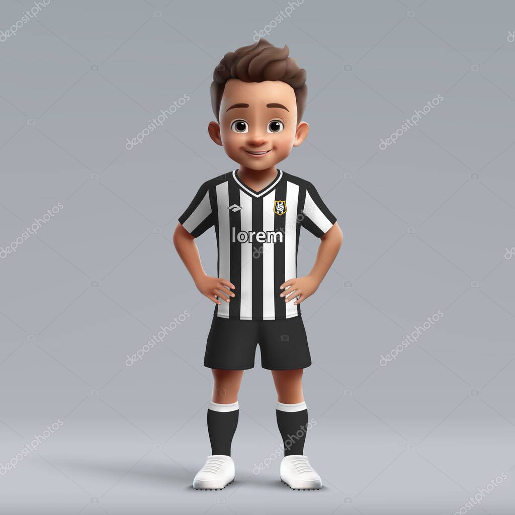 3d cartoon cute young soccer player in Newcastle United football uniform. Football team jersey