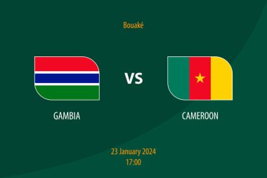 Gambiya, Kamerun futbol skor tablosuna karşı. Futbol Afrika Turnuvası için şablon 2023.