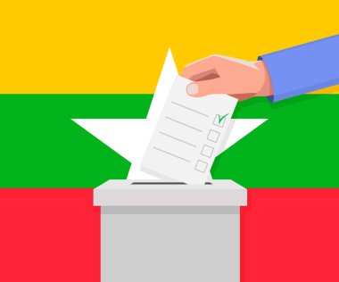Myanmar seçim konsepti. El, oy sandığına ilan verdi.