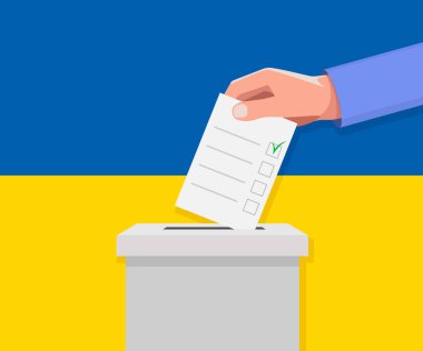 Ukrayna seçim konsepti. El, oy sandığına ilan verdi.