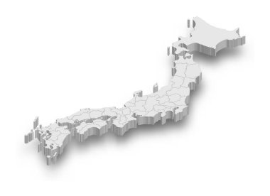 Beyaz zemin üzerinde izole edilmiş bölgelere sahip 3d Japonya beyaz haritası