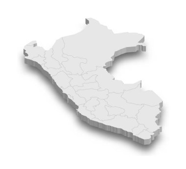 Beyaz arkaplanda izole edilmiş bölgelere sahip 3d Peru beyaz haritası
