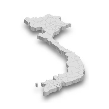 Beyaz arka planda izole edilmiş bölgeleri olan 3D Vietnam beyaz haritası