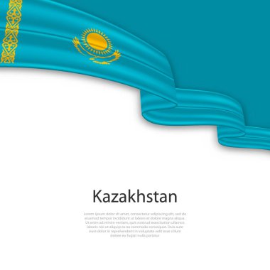 Kazakistan bayrağıyla kurdele sallıyor. Bağımsızlık Günü poster tasarımı için şablon