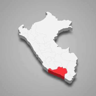 Arequipa department highlighted in red on a grey Peru 3d map clipart