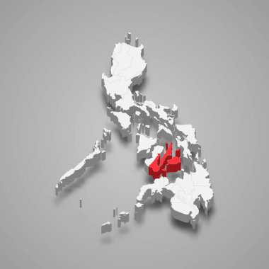 Merkez Visayas bölgesi gri Filipinler 'in 3d haritasında kırmızıyla vurgulandı