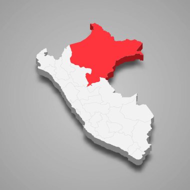 Loreto bölümü gri bir Peru 3d haritasında kırmızıyla işaretlendi