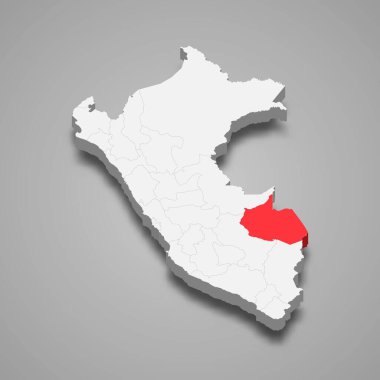 Gri Peru 3d haritasında Madre de Dios bölümü kırmızıyla işaretlendi