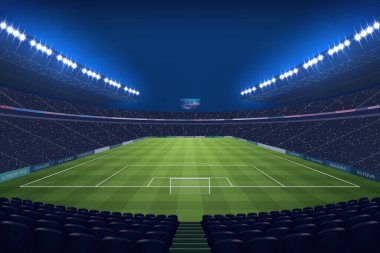 Floodlights tarafından aydınlatılan Modern Futbol Stadyumu. Vektör illüstrasyonu