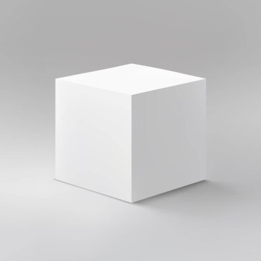 Pürüzsüz gri bir arkaplan üzerinde minimalist beyaz küp, ince bir gölge oluşturur.