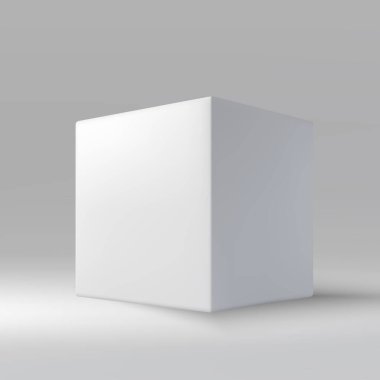 Pürüzsüz gri bir arkaplan üzerinde minimalist beyaz küp, ince bir gölge oluşturur.