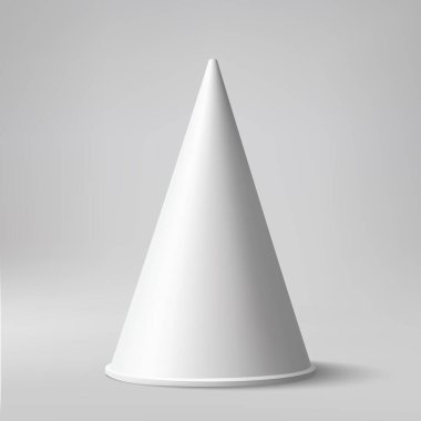 Pürüzsüz gri arkaplana karşı sergilenen parlak beyaz bir koni, minimalist estetiği vurguluyor