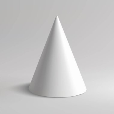 Pürüzsüz gri arkaplana karşı sergilenen parlak beyaz bir koni, minimalist estetiği vurguluyor
