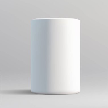 Gri bir arkaplana karşı uzun, beyaz silindirik, parlak bir tasarıma sahip bir kaide..