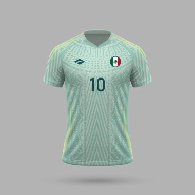3D gerçekçi futbol deplasmanı... Meksika Milli Takımı, futbol takımı 2024 için gömlek şablonu.