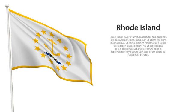 Isolated waving flag of Rhode Island is a state United States on white background. 