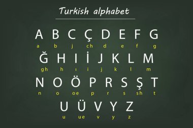 Koyu renk karatahta arka planda sunulan İngilizce çevirili Türk alfabesi. Eğitim ve dil öğrenme aracı.