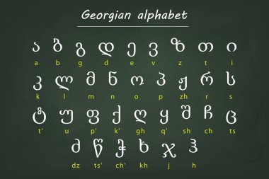 Gürcistan alfabesinin İngilizce çevirili görsel tablosu, koyu yeşil karatahta arka planda gösteriliyor