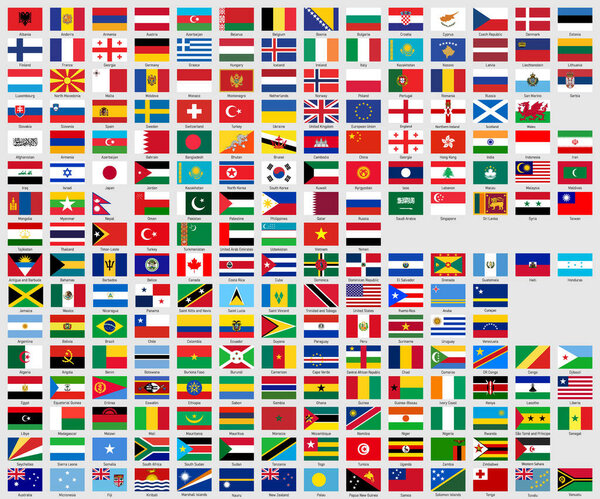 коллекция мировых флагов, каждая из которых помечена своим названием страны. Сортировка по континентам