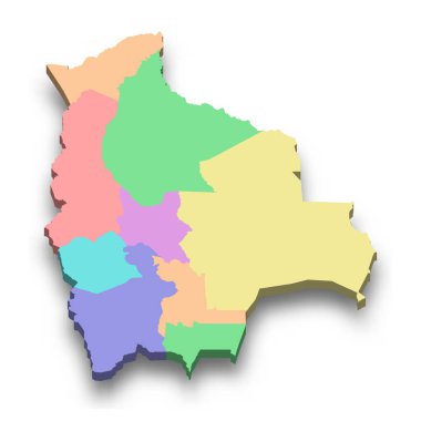 Bölgelerin sınırlarıyla birlikte Bolivya 'nın 3d izometrik haritası