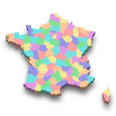 Derartment sınırları olan 3d izometrik Fransa haritası