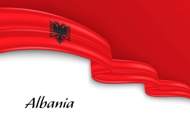 Arnavutluk bayrağıyla kurdele sallıyor. Bağımsızlık Günü poster tasarımı için şablon