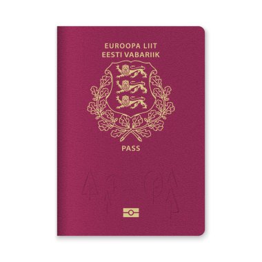 Kestane arkaplanında altın metin ve amblem bulunan bir Estonya pasaport kapağının yakın çekimi.