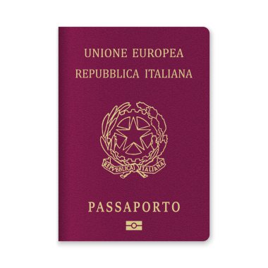 Kestane rengi arka planda altın metin ve amblemin yer aldığı bir İtalya pasaport kapağının yakın çekimi.