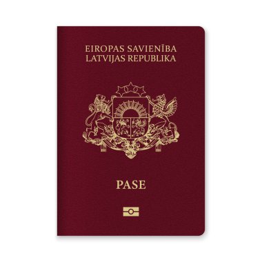Kestane rengi arka planda altın metin ve amblem içeren Letonya pasaport kapağının yakın çekimi.