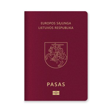 Litvanya pasaport kapağında kestane rengi arka planda altın metin ve amblem var..