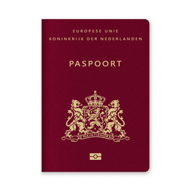 Kestane rengi arka planda altın metin ve amblem içeren bir Hollanda pasaport kapağının yakın çekimi.