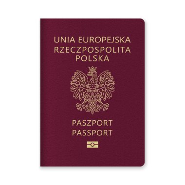 Polonya pasaport kapağında kestane rengi arka planda altın metin ve amblem var..