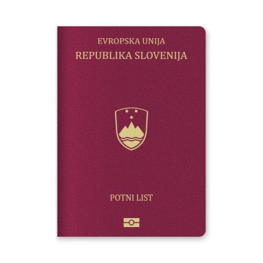 Slovenya pasaport kapağında kestane rengi arka planda altın metin ve amblem var.