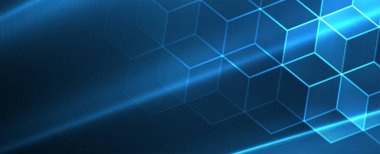 Technology background, futuristic and innovative include elements such as circuit boards, microchips, computer keyboards, wires, cables, and geometric shapes.