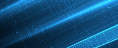 Technology background, futuristic and innovative include elements such as circuit boards, microchips, computer keyboards, wires, cables, and geometric shapes.