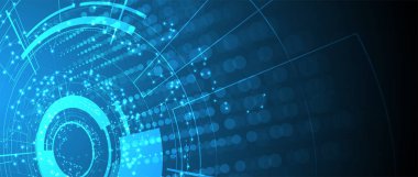 Technology background, futuristic and innovative include elements such as circuit boards, microchips, computer keyboards, wires, cables, and geometric shapes.