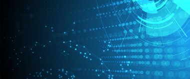 Technology background, futuristic and innovative include elements such as circuit boards, microchips, computer keyboards, wires, cables, and geometric shapes.