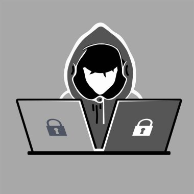 Dizüstü bilgisayarı simgesi, vektörü olan bilgisayar korsanı