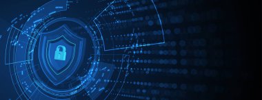 Siber güvenlik ve bilgi ya da ağ koruması. İş ve internet projeleri için gelecekteki siber teknoloji web hizmetleri. Vektör Sanatı /