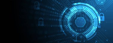 Siber güvenlik ve bilgi ya da ağ koruması. İş ve internet projeleri için gelecekteki siber teknoloji web hizmetleri. Vektör Sanatı.