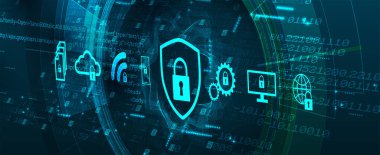 Siber güvenlik ve bilgi ya da ağ koruması. İş ve internet projeleri için gelecekteki siber teknoloji web hizmetleri. Vektör Sanatı.